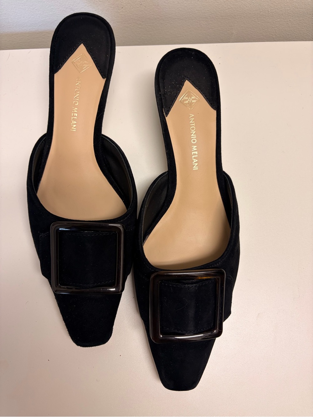 ANTONIO MELANI Black Suede Slip-On Mules with Oversized Buckle